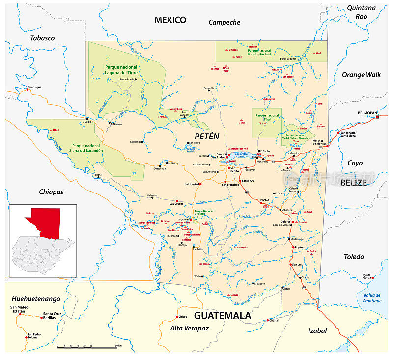 危地马拉佩滕州的道路和国家公园地图