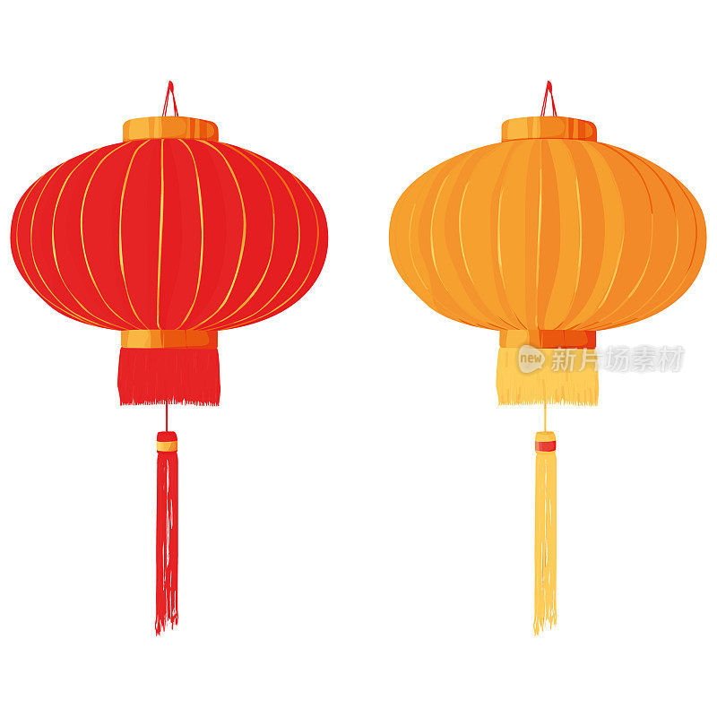 在白色背景上悬挂中国灯笼。农历新年。黄金。黄色和红色。中国文化。亚洲。唐人街。矢量平面