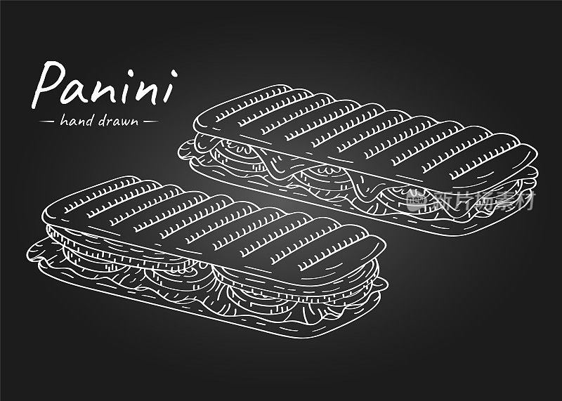 手绘轮廓的帕尼尼奶酪，西红柿和火腿在黑色的背景。