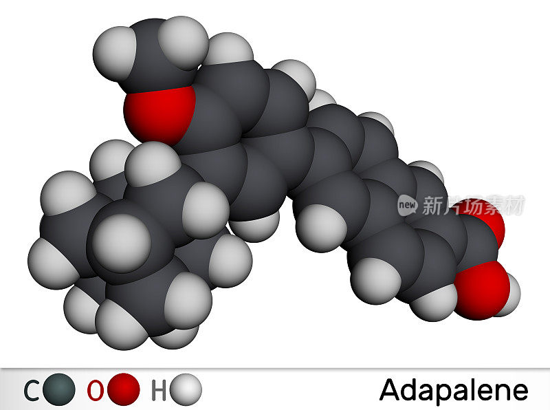 Adapalene分子。本品为第三代抗粉刺、解粉刺、抗炎类维生素a，用于治疗寻常痤疮。分子模型。三维渲染