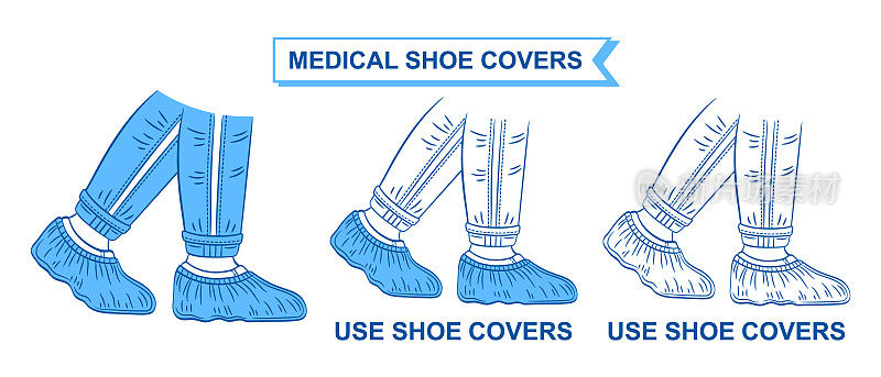 医疗鞋套图标设置。医院应穿无菌防护鞋。蓝色个人一次性脚制服。穿外科塑料鞋包。保护地板不沾染污垢。轮廓矢量