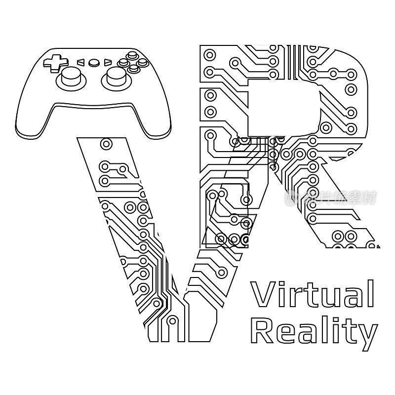 黑色轮廓的字母VR缩写虚拟现实穿孔与PCB电路板轨道和游戏手柄操纵杆隔离在白色背景。