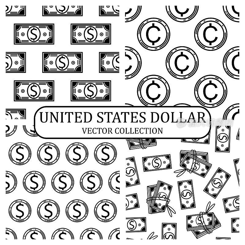 美国美元。无缝矢量模式的集合。硬币，美分，钞票，钞票，银行票据。美国的货币大纲。货币符号，黑白背景设置