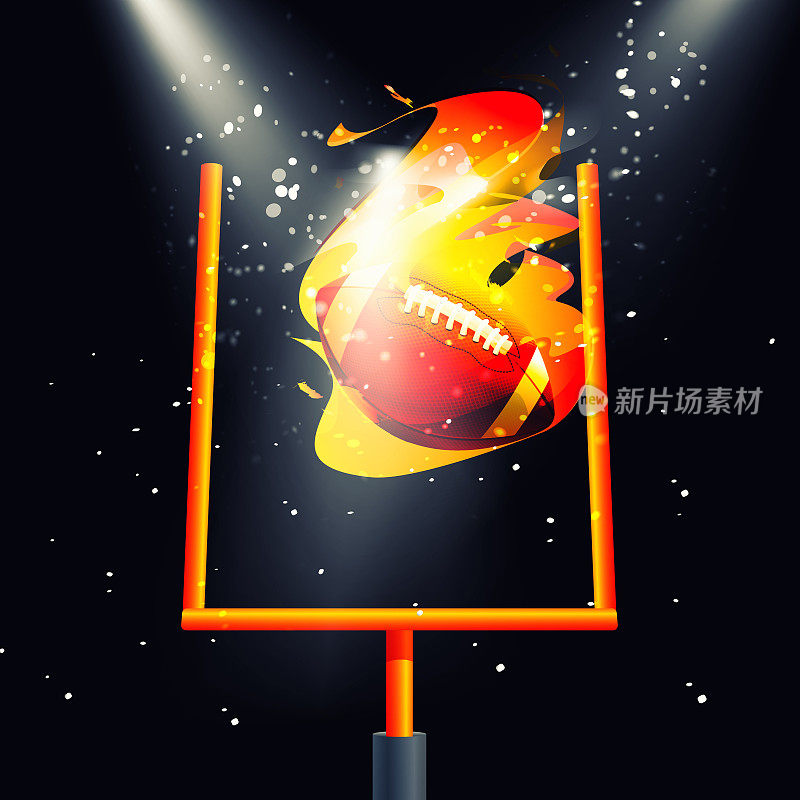 现实风格的运动和胜利概念。球门里的一个火红的足球为打美式足球的背景加上了一道聚光灯。