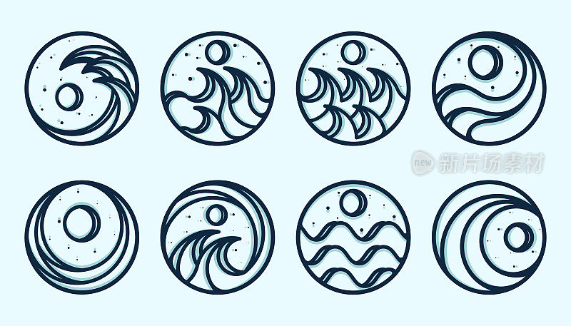 专属套装海浪标志设计。高级集合的标志，符号或波浪图标。创意和极简的海浪Logo模板。现代线条艺术海洋，水，波浪或潮汐标志的灵感