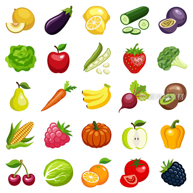 可持续的健康水果和蔬菜图标集合-矢量颜色插图