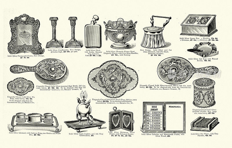 维多利亚时代的银器，烛台，烧瓶，镜框，发刷，雪茄打火机，墨水瓶，日历，钢笔刮，1890年代，19世纪