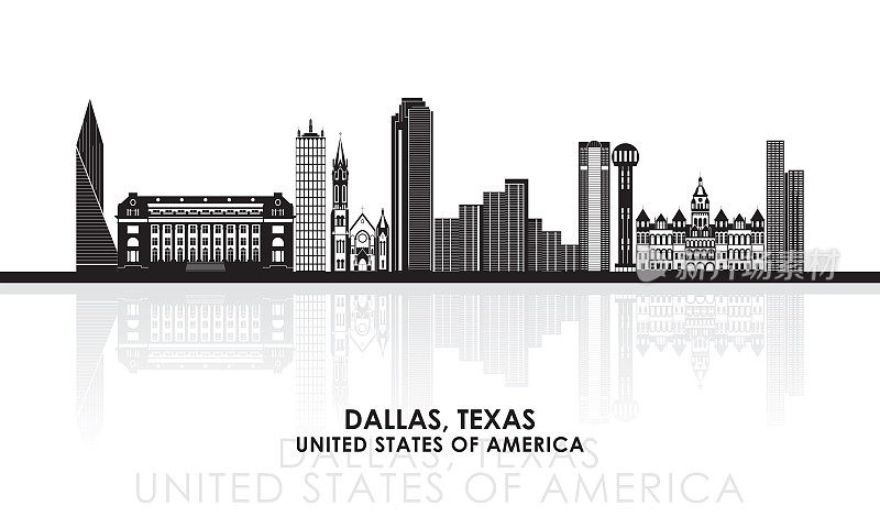 美国德克萨斯州达拉斯城市的轮廓天际线全景图
