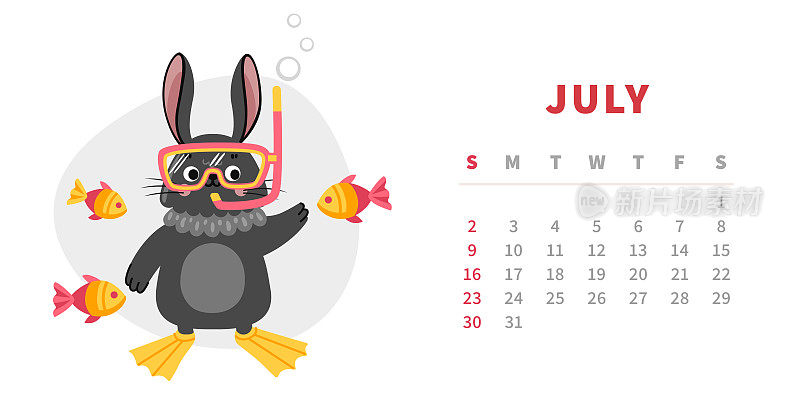 2023年7月的日历水平模板。中国黑水兔年。可爱的卡通兔子与水肺和鱼。矢量插图。