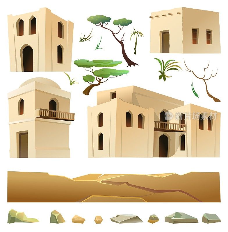 阿拉伯粘土小屋。组对象。中东土坯房。非洲和亚洲的传统房屋。白色背景隔离矢量。
