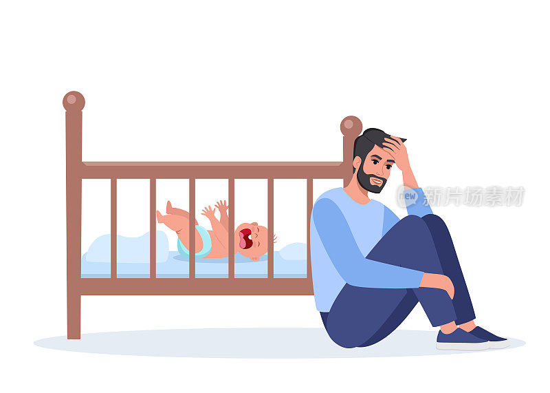 年轻疲倦的爸爸晚上在婴儿床上哭。不开心的爸爸，精疲力尽，压力很大，躺在新生儿的婴儿床旁。孩子歇斯底里地哭着，拉着把手。矢量插图。
