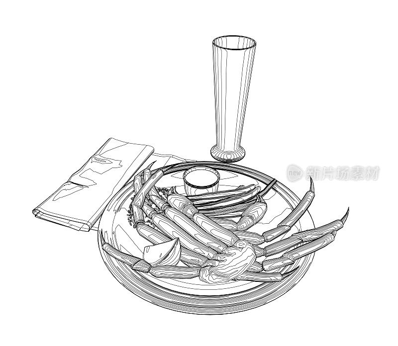 一个盘子上的螃蟹，一张餐巾和一个玻璃杯的轮廓从黑色的线孤立在白色的背景。等距视图。矢量插图。