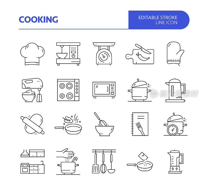 烹饪相关线矢量图标集。可编辑的中风。厨师，厨房，煮锅，准备食物。