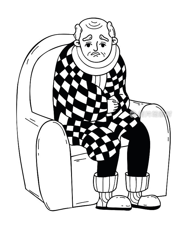 寒冷，生病的退休老人，裹着毯子，坐在扶手椅上。矢量插图在涂鸦风格。男性老年男性性格观念感冒季节、感冒及治疗。