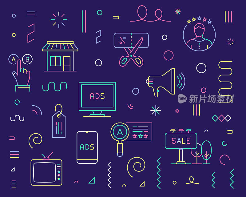 广告和推广的线条图标集和图案