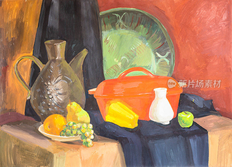 静物与壶，火锅，水果手绘