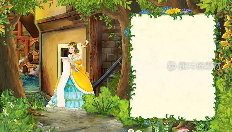 卡通自然场景与中世纪城市街道和美丽的女孩公主站在阅读儿童插图