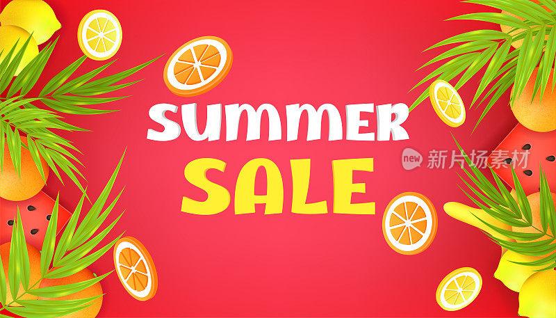 夏天出售。矢量插图一个多汁的红西瓜，柠檬片，橙色的水果设置对一个郁郁葱葱的热带背景与棕榈树。适合夏季销售，促销，传单，海报。