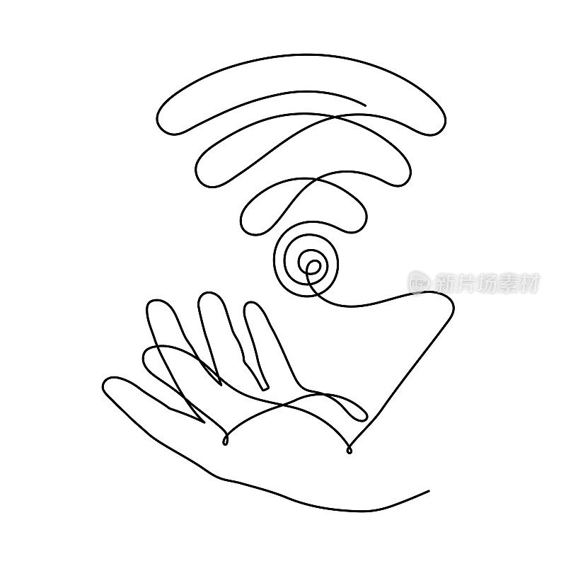 手握WI-FI信号一行艺术，手绘好友手持互联网热点，接入点连续轮廓。自由区无线上网概念，模板大纲。可编辑的中风。