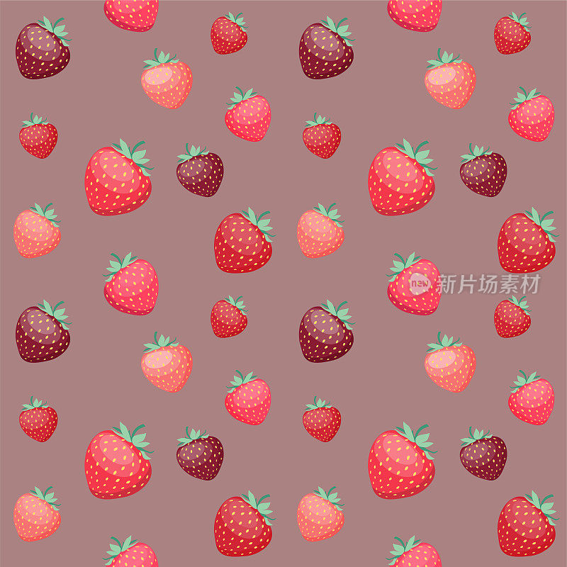 无缝矢量模式与可爱的红色成熟草莓在紫色的背景在平面风格。