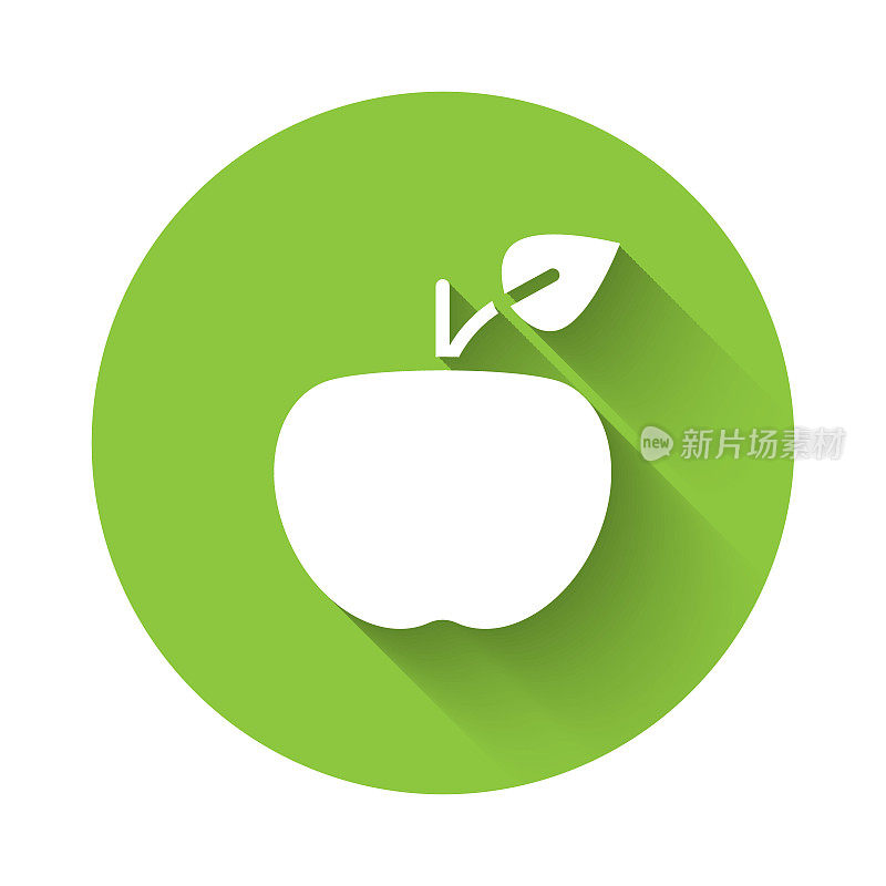 白色苹果图标孤立与长阴影背景。多余的体重。健康饮食菜单。健身减肥苹果。绿色圆圈按钮。向量