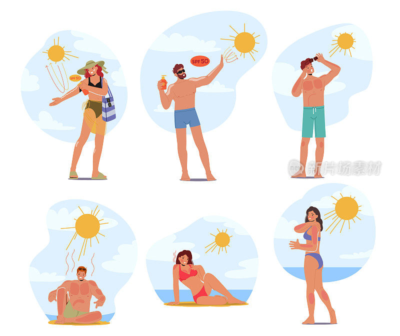 海滩上的男性或女性角色皮肤晒伤，由于暴露在阳光下而感到疼痛，发红和脱皮