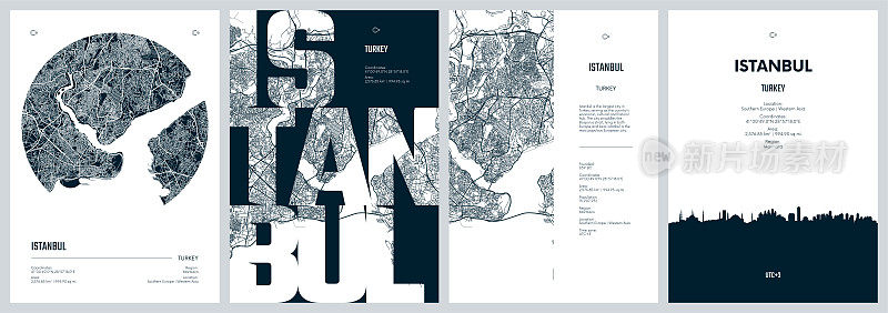 一套旅游海报与伊斯坦布尔，详细的城市街道规划城市地图，轮廓城市天际线，矢量艺术品