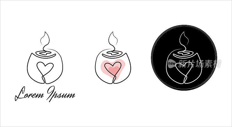 一套极简主义的连续线燃烧香气和水疗蜡烛与心形标签在各种设计的标志。蜡烛排成一行。