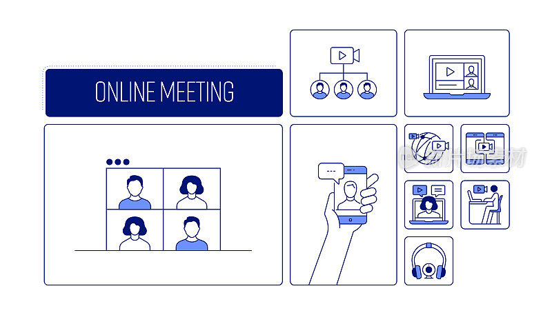 在线会议和视频通话相关的线路图标设计。简单轮廓符号图标。