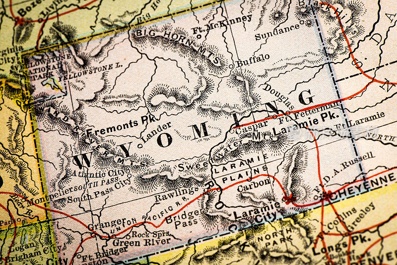 古董地图集地图宏观特写:怀俄明州