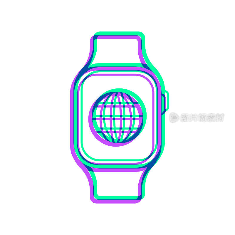 带地球仪的智能手表。图标与两种颜色叠加在白色背景上