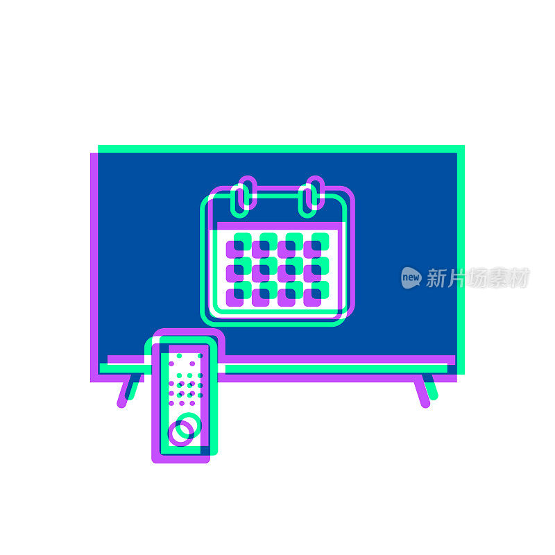 带日历的电视。图标与两种颜色叠加在白色背景上