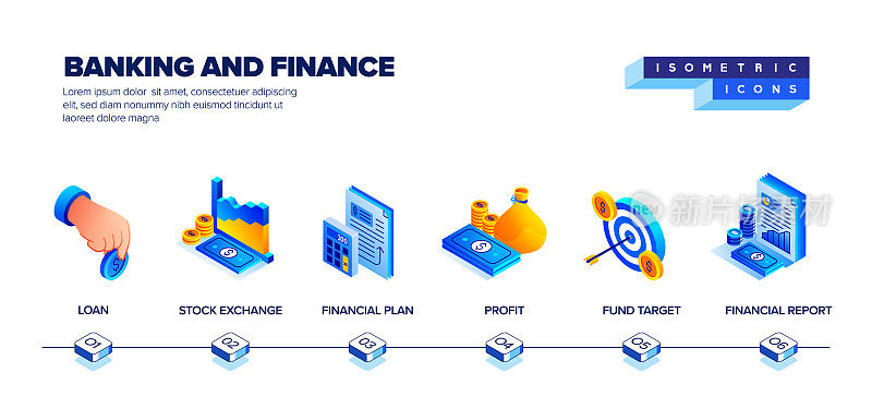 矢量插图银行和金融等距图标集和三维设计。预算，财富，投资，经济，金钱。