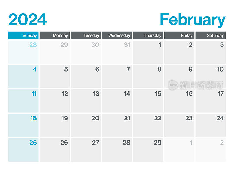 2024年2月-日历规划。极简风格的景观水平日历2024年。向量模板。一周从周日开始