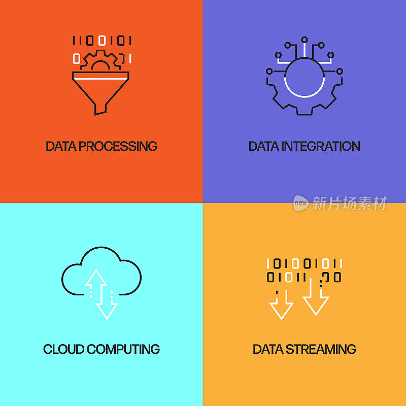 大数据相关的矢量细线图标。轮廓符号集合