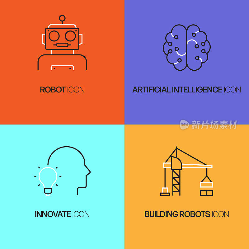 机器人工程相关的矢量线图标。轮廓符号集合