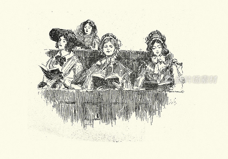 妇女在教堂里唱赞美诗,维多利亚时代,插图来自乔治・威廉・柯蒂斯的小说《我和普鲁》