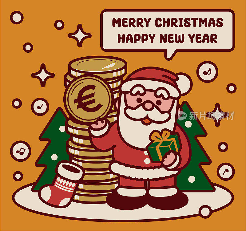 可爱的圣诞老人拿着圣诞礼物给你钱，祝你圣诞快乐，新年快乐