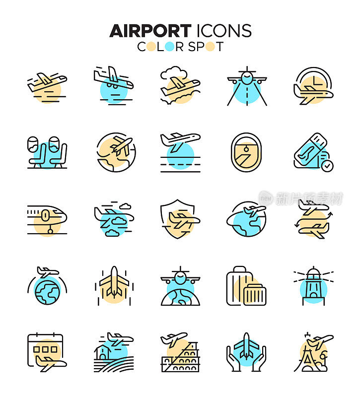 机场-细线矢量色点图标集-像素完美，可编辑笔画-飞机，乘客，飞行器，旅行值机，空姐，旅游