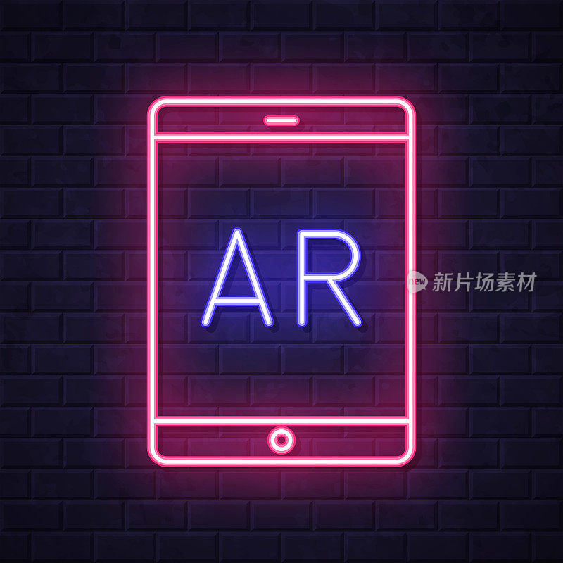 AR平板电脑上的增强现实。在砖墙背景上发光的霓虹灯图标