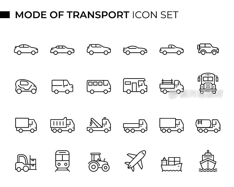 运输方式概念细线图标集包含汽车，轿车，掀背车，皮卡车，公共汽车，面包车，卡车，飞机，船舶，火车等图标