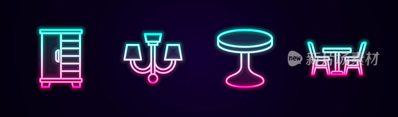 产品系列:衣柜、吊灯、圆桌、桌椅。发光的霓虹灯图标。向量