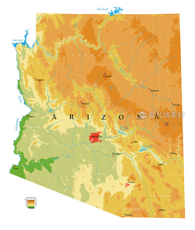 亚利桑那州高度详细的物理地图