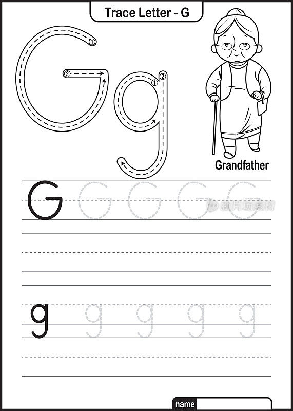 字母跟踪字母A到Z学龄前工作表与字母G祖母亲矢量