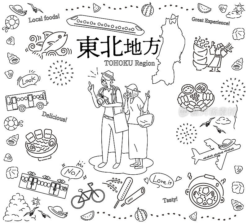 一对老年夫妇在日本东北地区享受夏日美食观光，一组图标(线条画黑白)
