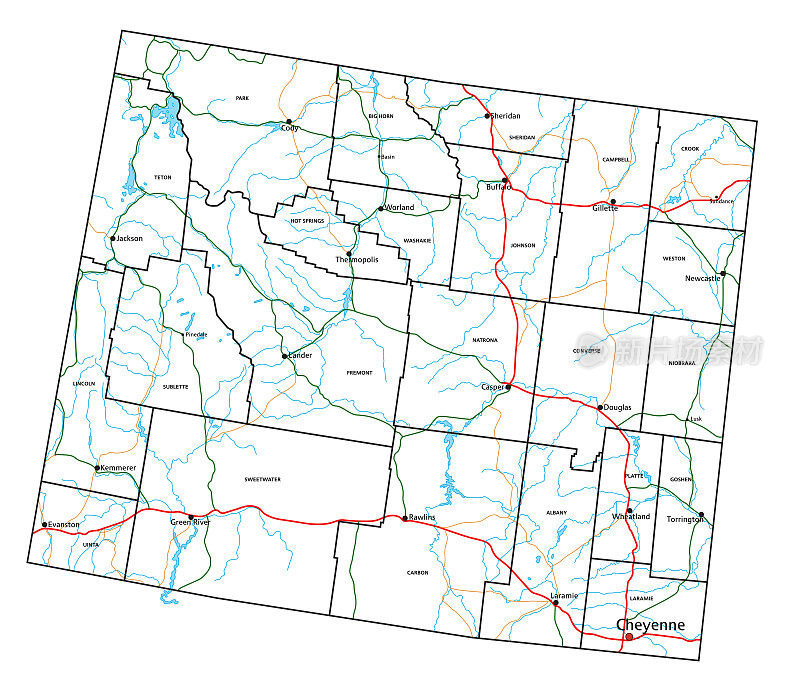 怀俄明公路和高速公路地图。矢量插图。