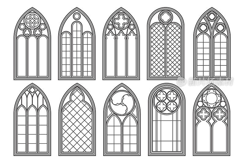 哥特式教堂的窗户。矢量建筑用玻璃拱起。古城堡和大教堂的框架。中世纪染色室内设计。的插图