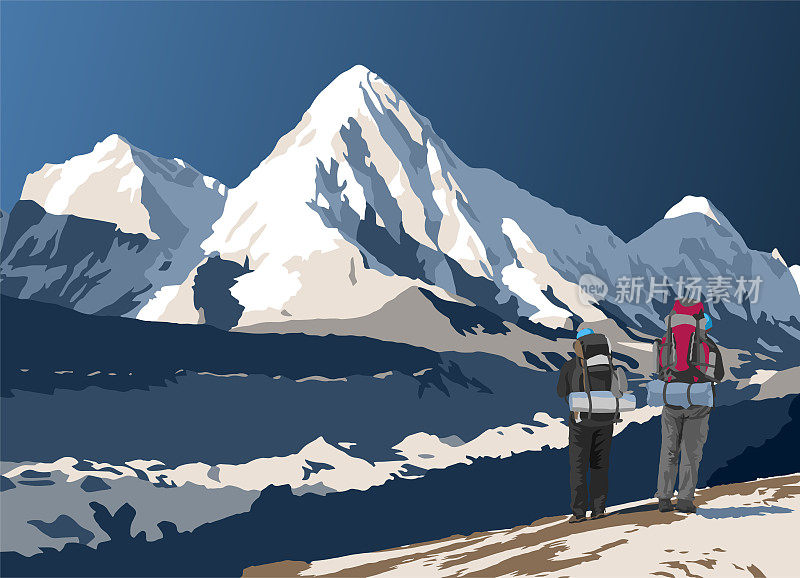 昆布冰川、普莫里峰和两名徒步旅行者在前往珠峰大本营的路上