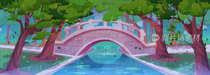 夏季多雨公园景观，桥在池塘上