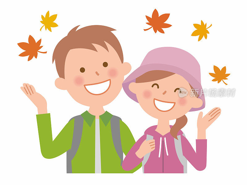 一对年轻夫妇欣赏秋叶，树叶在翩翩起舞